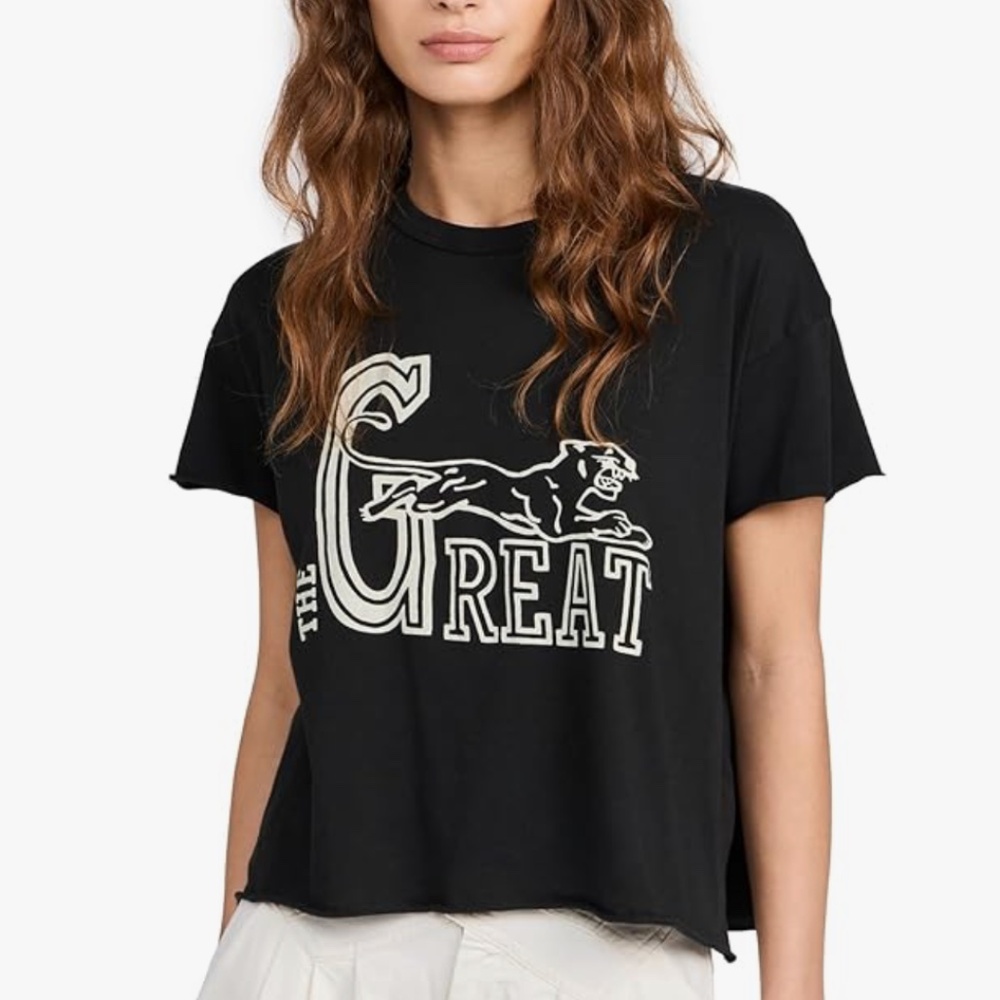 THE GREAT. Black Graphic Logo Tee with Cream Print